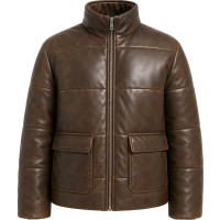 Women’s Brown Washed Faux Leather Puffer Jacket – Quilted Style - Sialwear International