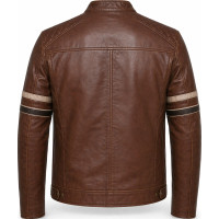 Men’s Cognac Lambskin Leather Biker Jacket – Dual Stripe Moto Style - Sialwear international