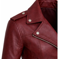 Women’s Red Leather Belted Biker Jacket – Collared Zip-Front Style - Sialwear International