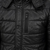 Black Leather Hooded Puffer Jacket – Premium Leather & Detachable Hood - Sialwear International