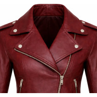Women’s Red Leather Belted Biker Jacket – Collared Zip-Front Style - Sialwear International