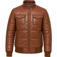 Men’s Brown Sheepskin Leather Puffer Bomber Jacket – High Neck Style - Sialwear International