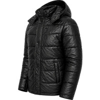 Black Leather Hooded Puffer Jacket – Premium Leather & Detachable Hood - Sialwear International
