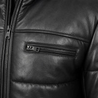 Men’s Black Real Leather Puffer Jacket – Detachable Hood & Quilted Fit - Sialwear International