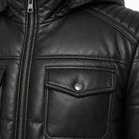Men’s Black Lambskin Leather Puffer Jacket – Detachable Hood & Quilted - Sialwear International