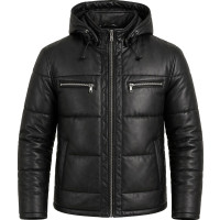 Men’s Black Genuine Leather Puffer Jacket – Hooded Quilted Winter Coat - Sialwear International