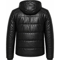 Men’s Black Lambskin Leather Puffer Jacket – Detachable Hood & Quilted - Sialwear International