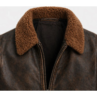 Men’s Distressed Brown Leather Flight Bomber Jacket – Shearling Collar - Sialwear International