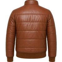 Men’s Brown Sheepskin Leather Puffer Bomber Jacket – High Neck Style - Sialwear International
