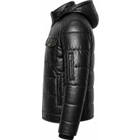 Men’s Black Lambskin Leather Puffer Jacket – Detachable Hood & Quilted - Sialwear International