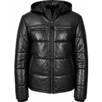 Men’s Black Real Leather Puffer Jacket – Detachable Hood & Quilted Fit - Sialwear International