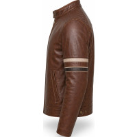 Men’s Cognac Lambskin Leather Biker Jacket – Dual Stripe Moto Style - Sialwear international