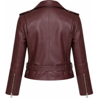 Women’s Red Leather Belted Biker Jacket – Collared Zip-Front Style - Sialwear International