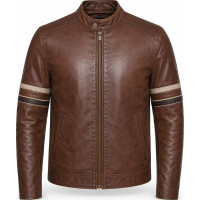 Men’s Cognac Lambskin Leather Biker Jacket – Dual Stripe Moto Style - Sialwear international