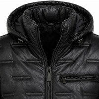 Cognac Black Leather Puffer Jacket – Detachable Hood & Zip Closure - Sialwear International
