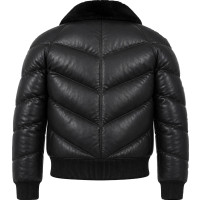 Men’s Black Sheepskin Leather Puffer Bomber Jacket – Removable Collar - Sialwear International